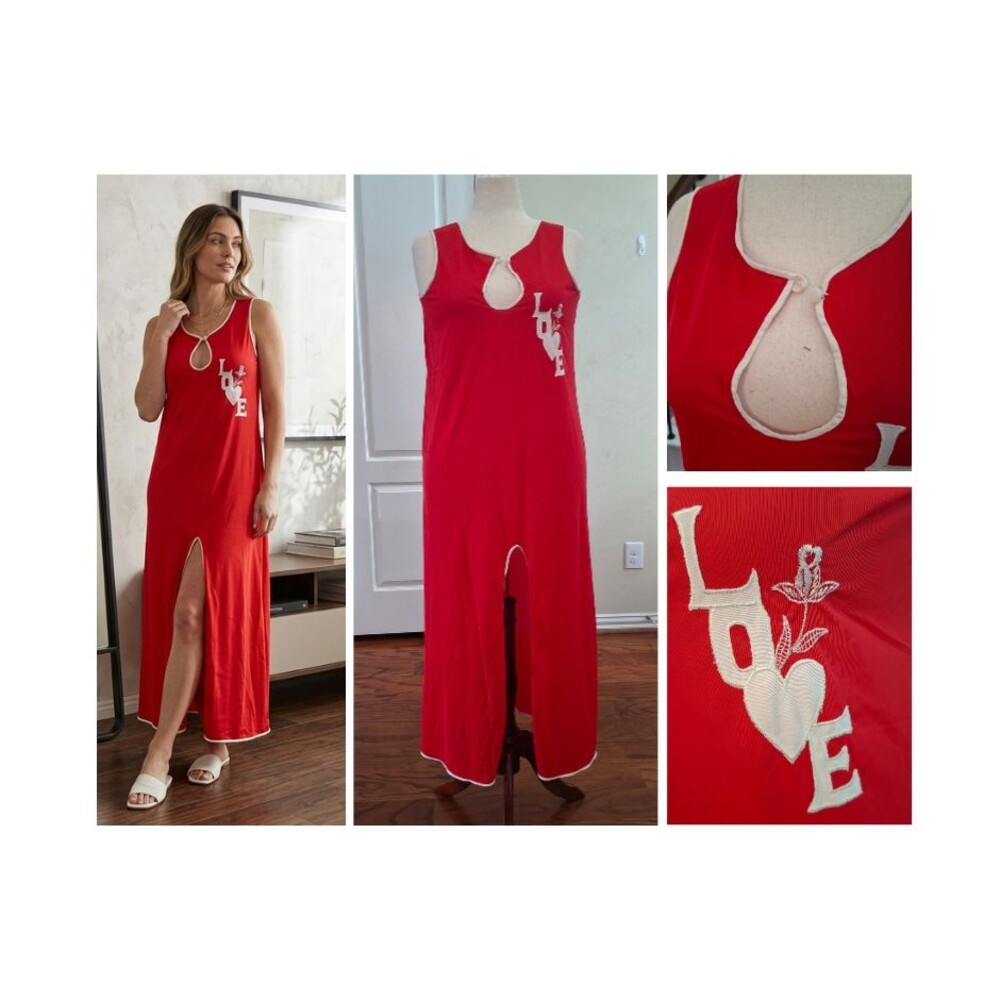 VTG Aristocraft By Superior Lingerie Slip Dress "LOVE" Red White Slit Size L Y2K